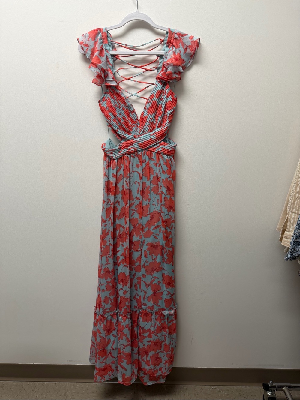 Astr Floral Lace-Up Maxi Dress in Coral and Light Blue